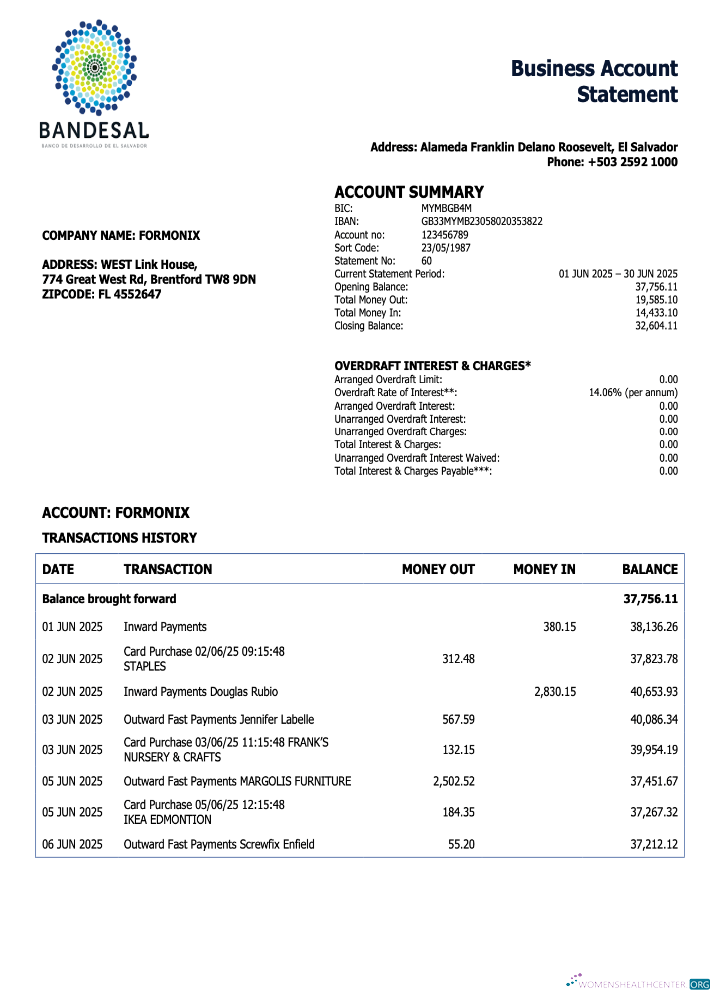 Salvador Bandesal organization checking account statement Word and PDF template